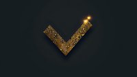 Glowing golden checkmark on dark background, luminous success symbol with metallic texture and sparkling effect creates dramatic minimal composition.