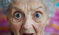 Close up portrait of senior woman with bright blue eyes expressing surprise and wonder against colorful background, showing genuine emotion and vitality in aging.