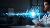 Young male doctor in white coat interacting with futuristic holographic interface displaying medical data analytics and digital health technology.