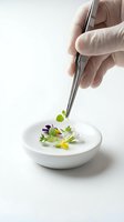 Chef hand with tweezers placing edible flowers and microgreens on a gourmet dish, fine dining plating technique on white background.