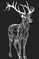 White line art of majestic stag with detailed antlers on black background, featuring flowing curves and artistic tribal style design. Isolated illustration ready for design use.