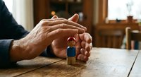 Hands protecting wooden house model on table symbolizing home insurance, real estate protection, mortgage security and property investment safety.