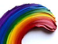 Vibrant rainbow-colored paint stroke arc on white background, showing texture and brush movement detail. Artistic acrylic smear with spectrum colors isolated for creative design.