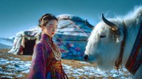 Young Asian woman in traditional colorful clothing standing beside white yak with traditional yurt in background against mountainous landscape.