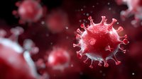 Red microscopic virus cell with spike proteins floating in dark space, detailed molecular structure visualization showing pathogen surface in dramatic lighting.