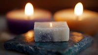 Glowing white candle on dark stone surface creates atmospheric mood lighting with soft bokeh effect and additional candles in background. Perfect for spa settings.