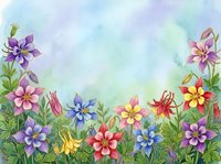 Watercolor garden border with colorful columbine flowers in pink, purple, blue, red and yellow on soft blue-green background with copy space.