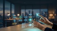 Hands holding tablet with digital network nodes and connected data visualization overlay in modern office with city skyline view at dusk for technology and business concepts.
