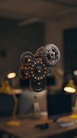 Floating mechanical gears and cogs in warm lighting showcase precision engineering and industrial machinery components for technology concepts.
