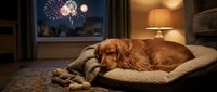 Golden retriever dog sleeping peacefully on cozy bed while fireworks display lights up night sky through window creating warm comfortable home atmosphere.