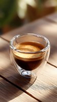 Fresh espresso with golden crema in double wall glass cup on wooden table with natural lighting and soft shadows. Perfect for cafe menu or coffee ads.