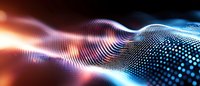 Abstract digital wave pattern with glowing orange and blue light effects on dark background, featuring dynamic particle mesh network with depth and motion blur.