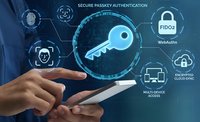 Businessman using smartphone with digital security key hologram and passkey authentication icons for cyber protection and encrypted access.