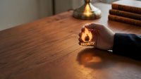 Businessman hand holding glowing priority label on wooden desk in office environment for project management and task organization concepts.