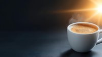 Fresh aromatic coffee in white ceramic cup with golden sunlight flare on dark background, morning beverage with crema foam and copy space.