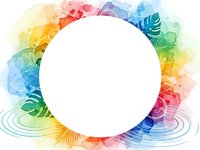 Vibrant watercolor tropical frame with palm leaves and rainbow colors surrounding white circle for text or design elements.