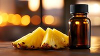 Fresh cut pineapple slices next to brown glass essential oil bottle on wooden surface with warm bokeh lights in background, wellness concept.