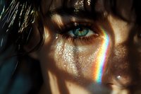 Mesmerizing close-up of bright blue eye with rainbow light prism effect and glitter sparkles on skin in dramatic shadow and sunlight creating magical atmosphere.