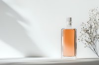 Glass bottle with amber liquid on white surface casting soft shadows, minimalist composition with delicate dried flowers for cosmetic and fragrance marketing.