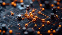 Glowing orange network connections on dark circuit board background with selective focus creates futuristic technology concept for artificial intelligence and computing.