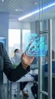 Businessman in suit touches glowing holographic financial growth chart on glass wall in modern office, team working in background.