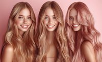 Three young Caucasian women with radiant smiles and long wavy hair in different shades from blonde to rose gold, posing against pink background. Beauty and haircare concept.