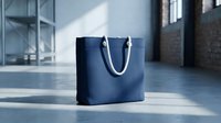 Navy blue tote bag with white rope handles on modern floor in bright sunlight. Suitable for retail, fashion, shopping, and lifestyle marketing materials.