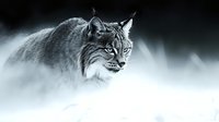 Majestic lynx portrait in black and white with intense gaze emerging from misty background, dramatic lighting creates moody wildlife atmosphere for nature publications.