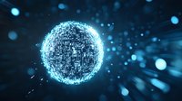 Glowing digital sphere with binary code pattern emits bright blue light against dark background, symbolizing global technology and data networks.