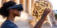 Young African American woman wearing VR headset interacting with glowing digital neural network hologram, exploring augmented reality in modern science setting.