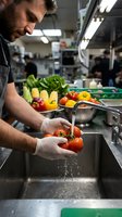 Male chef with beard washing fresh red tomato under running water in commercial kitchen sink with vegetables and colleagues in background.
