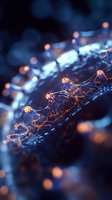 Glowing orange molecular structure against dark blue background with bokeh effect, showing detailed scientific visualization of interconnected nodes.