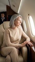 Elegant senior businesswoman with gray hair in beige outfit sitting in luxury private jet cabin looking through window during flight.