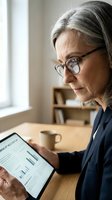 Mature businesswoman with gray hair and glasses analyzing financial data on tablet in modern office workspace for professional consulting.