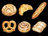 Six watercolor bakery items isolated on transparent background, ready for stickers, t-shirt design, print on demand, sublimation, and clipart use.