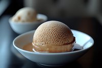 Creamy caramel ice cream scoop in white ceramic bowl with spoon, second serving blurred in background on dark table surface.