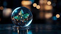 Magical crystal ball with glowing green crystal formation inside on dark background with bokeh lights creates mystical atmosphere for fortune telling concept.
