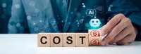 Businessman hand arranging wooden blocks spelling COST with AI and financial icons floating above in digital business concept.