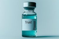 Medical vial with Trust label containing blue liquid for healthcare and pharmaceutical research concepts.