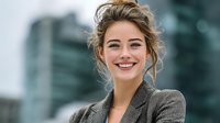 Young professional businesswoman smiling confidently in modern urban office district wearing gray blazer for corporate career success.