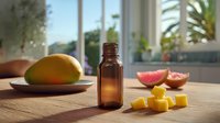 Amber glass essential oil bottle with fresh mango cubes on wooden table, grapefruit slices and whole mango in bright kitchen setting.