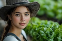 Young Caucasian woman in straw hat smiling at camera while gardening outdoors, with fresh green vegetables and natural bokeh background, side braid hairstyle.