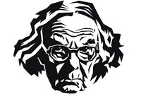 Artistic black and white portrait of elderly man with glasses and wavy hair, minimalist style stencil design on isolated background for graphic art and print projects.