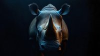 Dramatic close-up portrait of white rhinoceros head against dark background showcasing powerful facial features, horn and textured skin. Artistic wildlife photography.