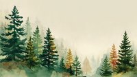 Misty forest landscape with evergreen pine trees in various shades of green and autumn colors against foggy mountain backdrop.