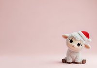 Cute white lamb wearing red and white Santa hat sitting against soft pink background, suitable for holiday greeting cards, Christmas marketing materials, and festive seasonal designs.