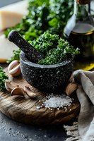 Fresh herbs in black stone mortar with pestle, garlic cloves and sea salt on rustic wooden board. Olive oil bottle and natural ingredients for cooking.