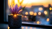 Purple lotus flower in sparkly black pot against blurred sunset window background with golden bokeh lights creating peaceful zen atmosphere for wellness and meditation.