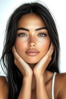 Close up portrait of young mixed race woman with freckles and natural makeup holding face in hands against white background, looking at camera with bright eyes.
