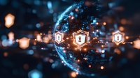Digital globe with glowing security shield icons and network connections on dark background with bokeh lights, representing global cybersecurity protection.